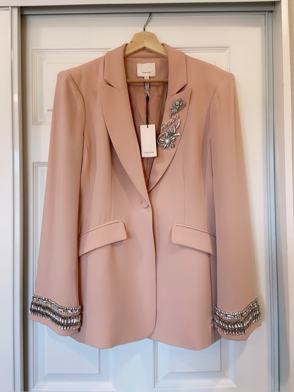 NWT $698 Cinq a Sept Cheyenne Embellished Stacked Jewelry Lined Blazer Blusher